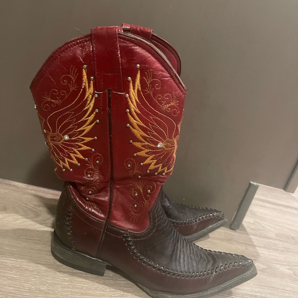 El General Red Black Leather Beaded Boots Western‎ Cowboy Festival 7.5